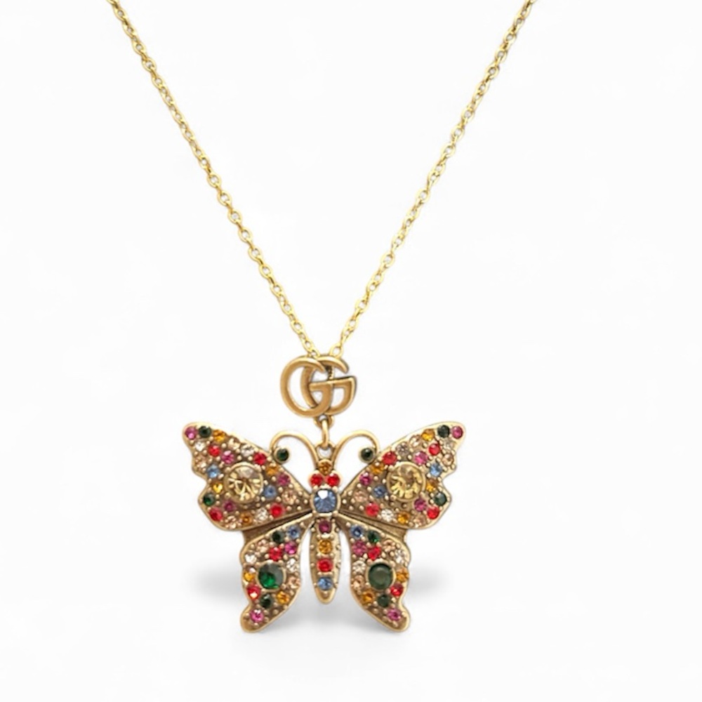 GUCCI Crystal Multicolor Gold Butterfly Pendant Necklace in Box
